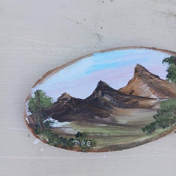Hand Painted Wood Edge Slab Mountain Scenery Art Signed Fridge Magnet - Picture 2 of 6